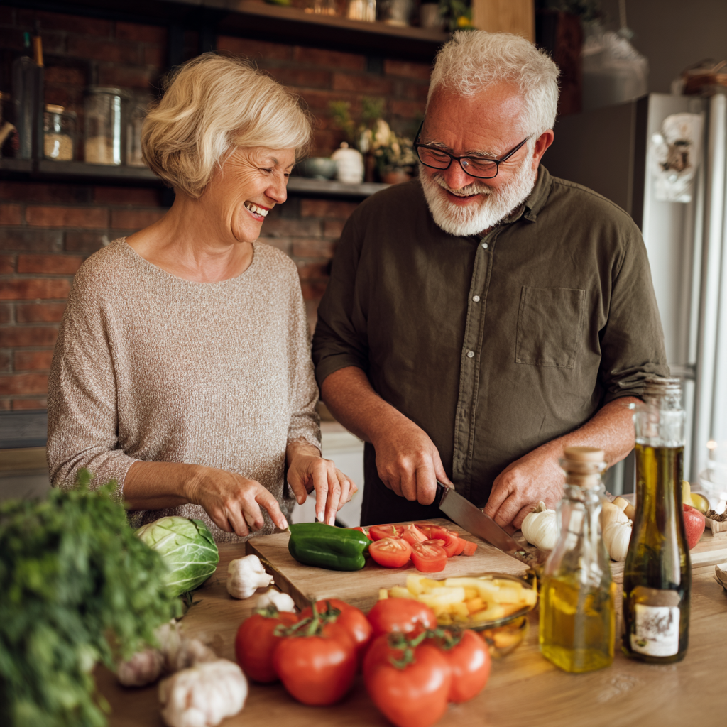 Smiling elderly European couple preparing healthy meal together in bright kitchen