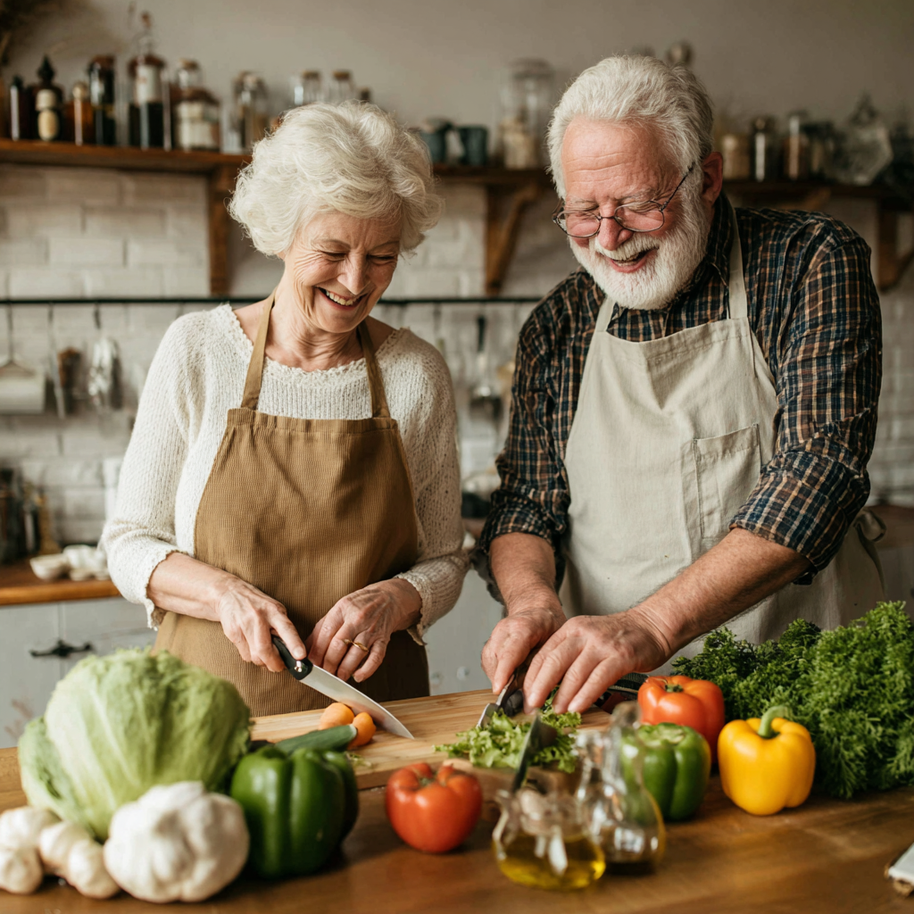 Elderly European man enjoying healthy balanced meal at dining table with satisfied expression